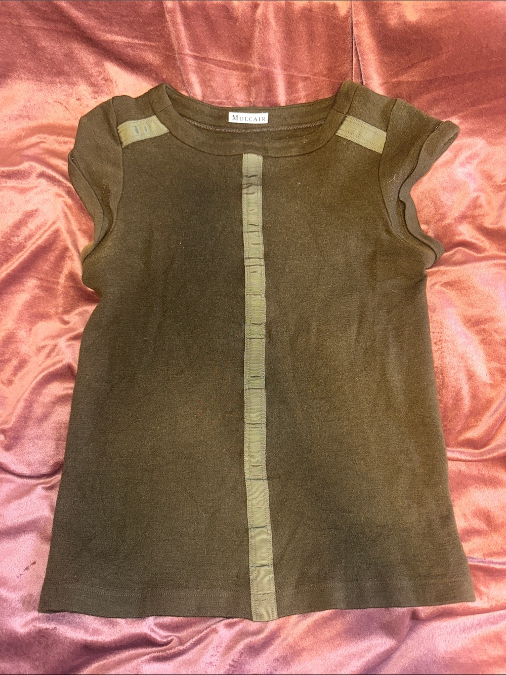 Olive Green Ribbon-Trim Short Sleeve Top